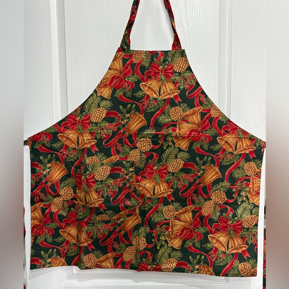 Vintage Christmas Apron Hand Made Holly Pine Cones Bells